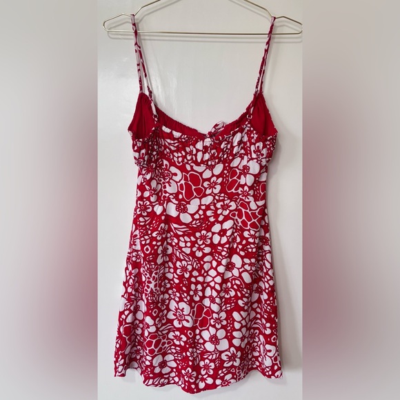 Sunday Best| Red & White Floral Gathered Bodice Spaghetti Strap Mini Dress Sz 2 - Picture 3 of 8